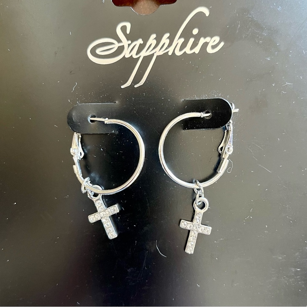 NWT Sapphire Silver Hoop Earrings with Rhinestone Cross.